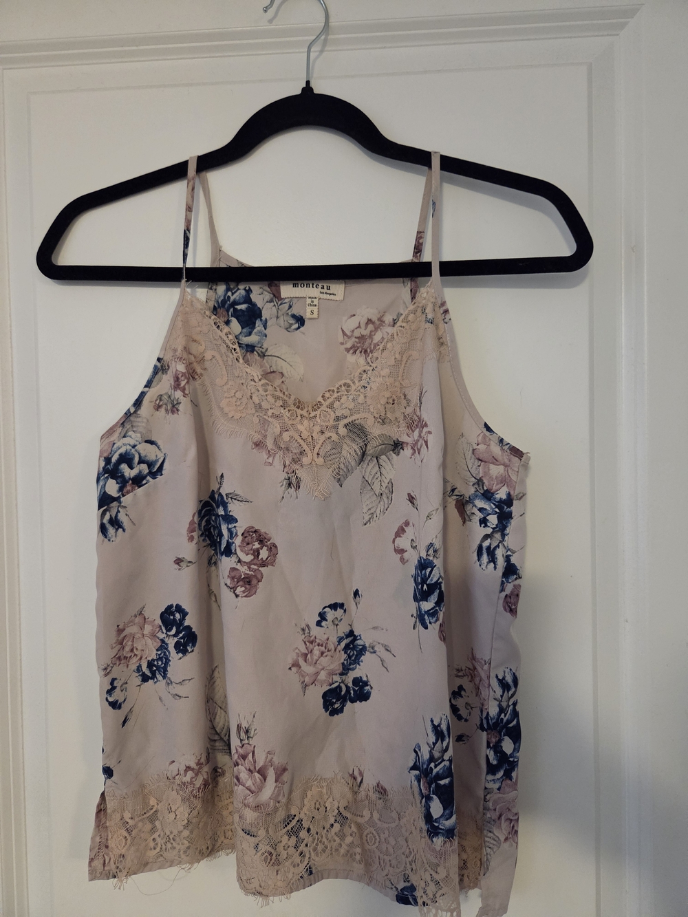 Monteau Blush Floral Lace-Trim Camisole with Navy Accents